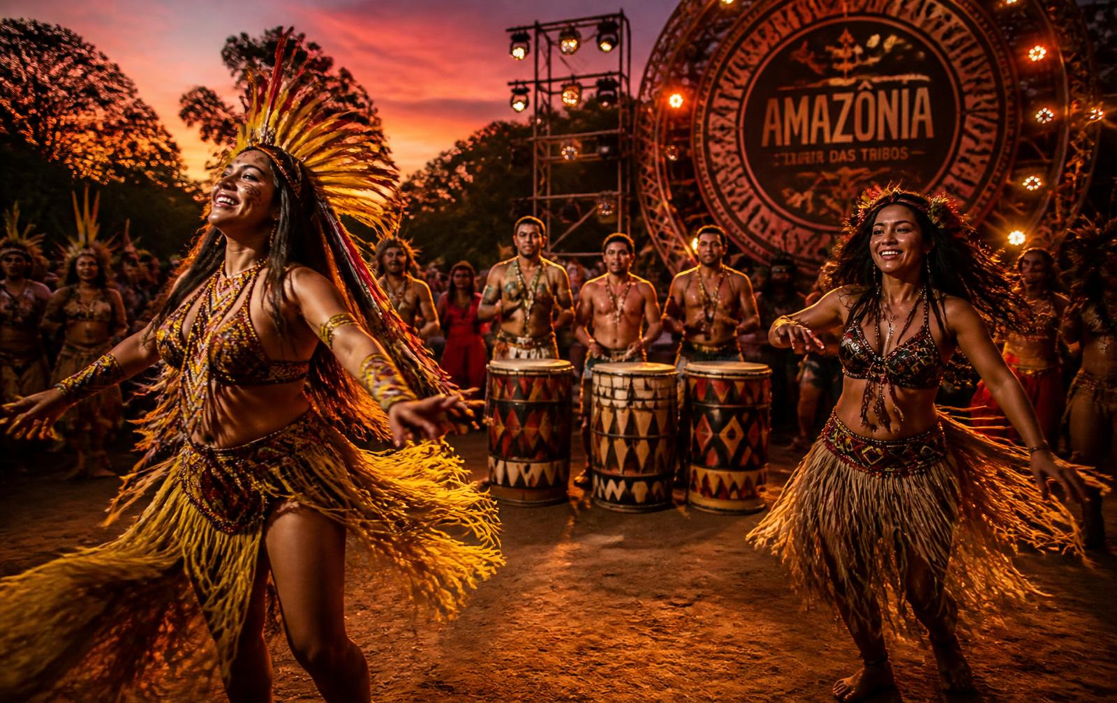 Apresentação cultural amazônica com dançarinas e músicos ao entardecer